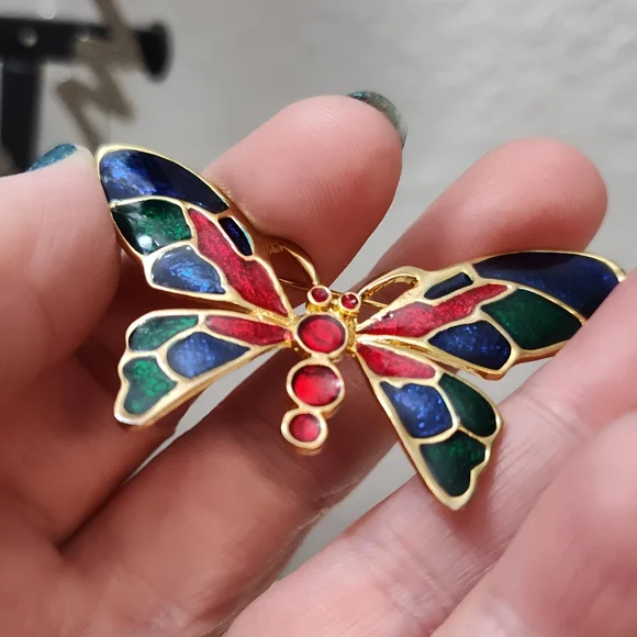 💎 2/$15 Gold tone Multi color Enamel Butterfly Brooch Pin Red Blue Green - Picture 6 of 6